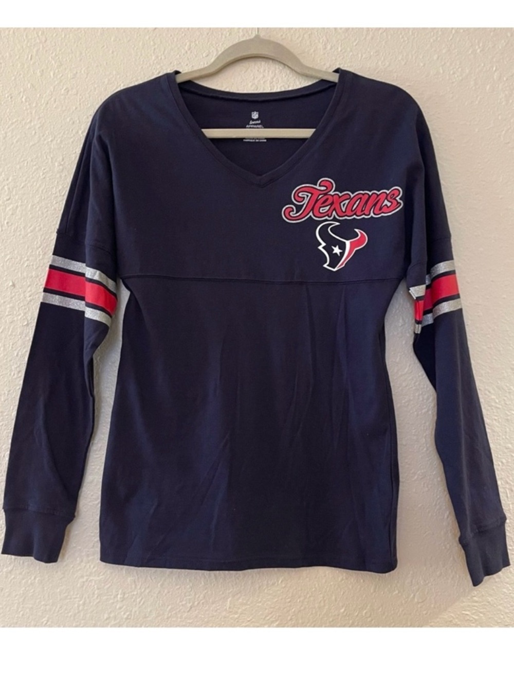 NFL Teens Apparel Houston Texans Logo Navy Red Graphic Long Sleeve V-Neck Tee XS